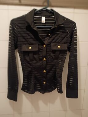 Black Button Up See Thru Top Small Classy,Gold Buttons
